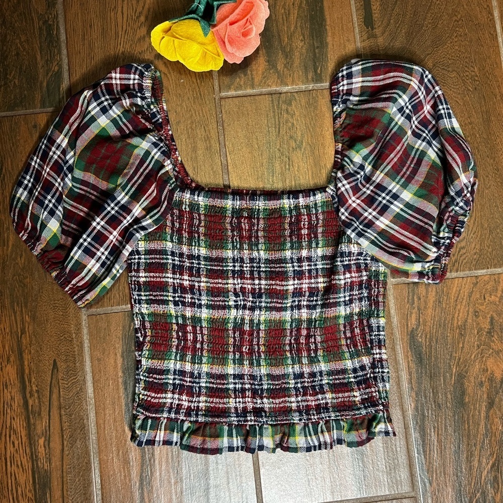 American Eagle Plaid Crop Top Puffy Sleeves - Picture 5 of 5